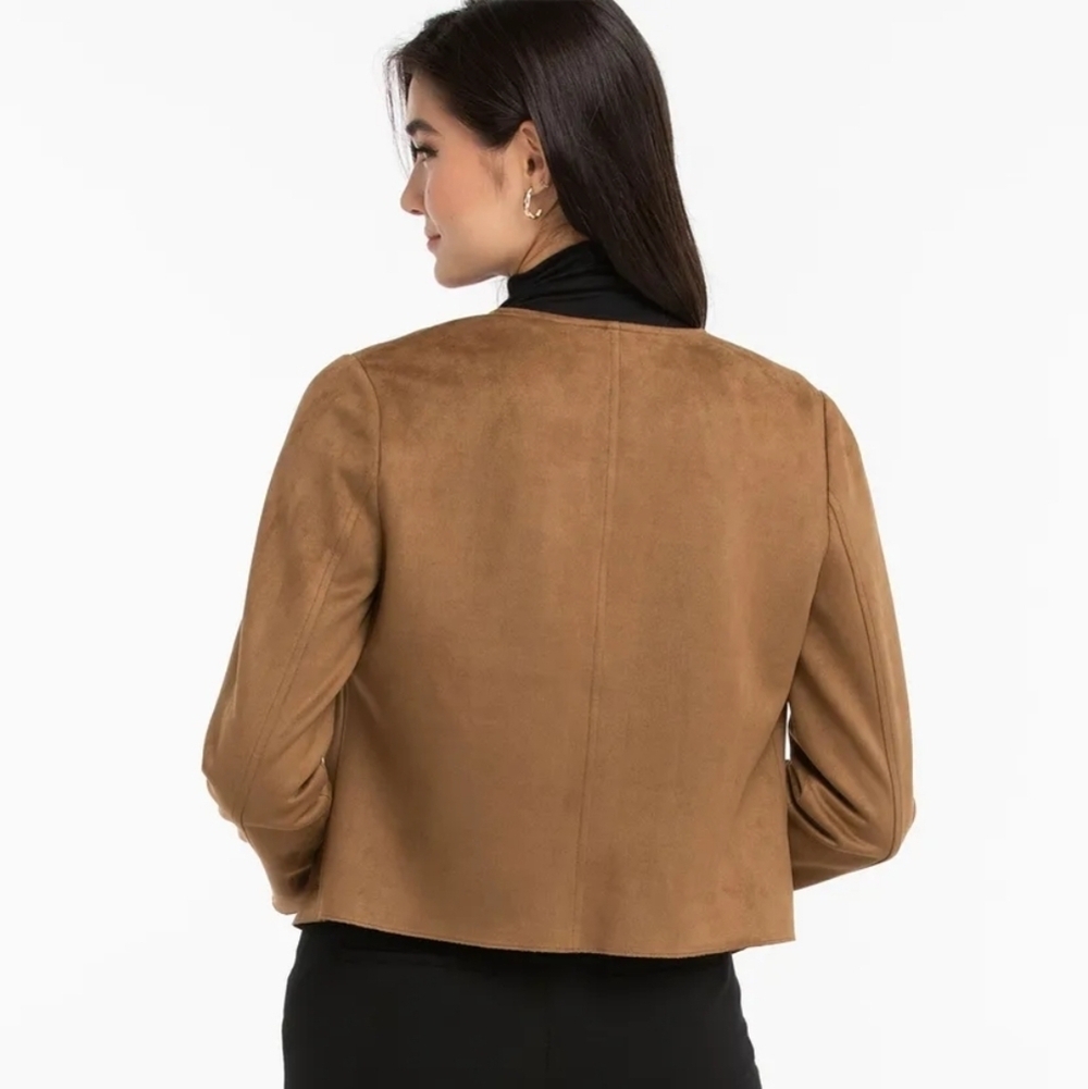 NWOT Small Ricki's Tobacco Brown Faux Suede Drape Front Jacket - Picture 2 of 9